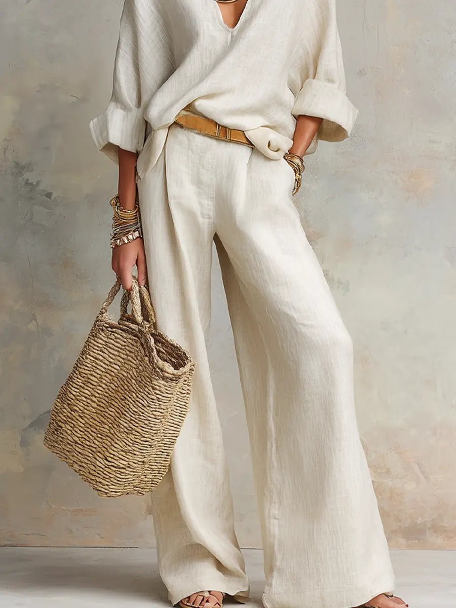 Arabella │ Women's Linen V-Neck Oversized Top And Wide-Leg Trousers Two-Piece Set