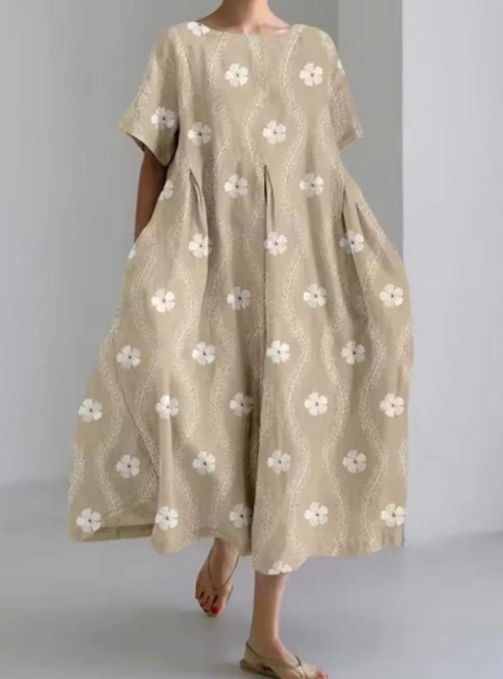 Women's Loose Floral Applique Round Neck Midi Dress - Floral Brown