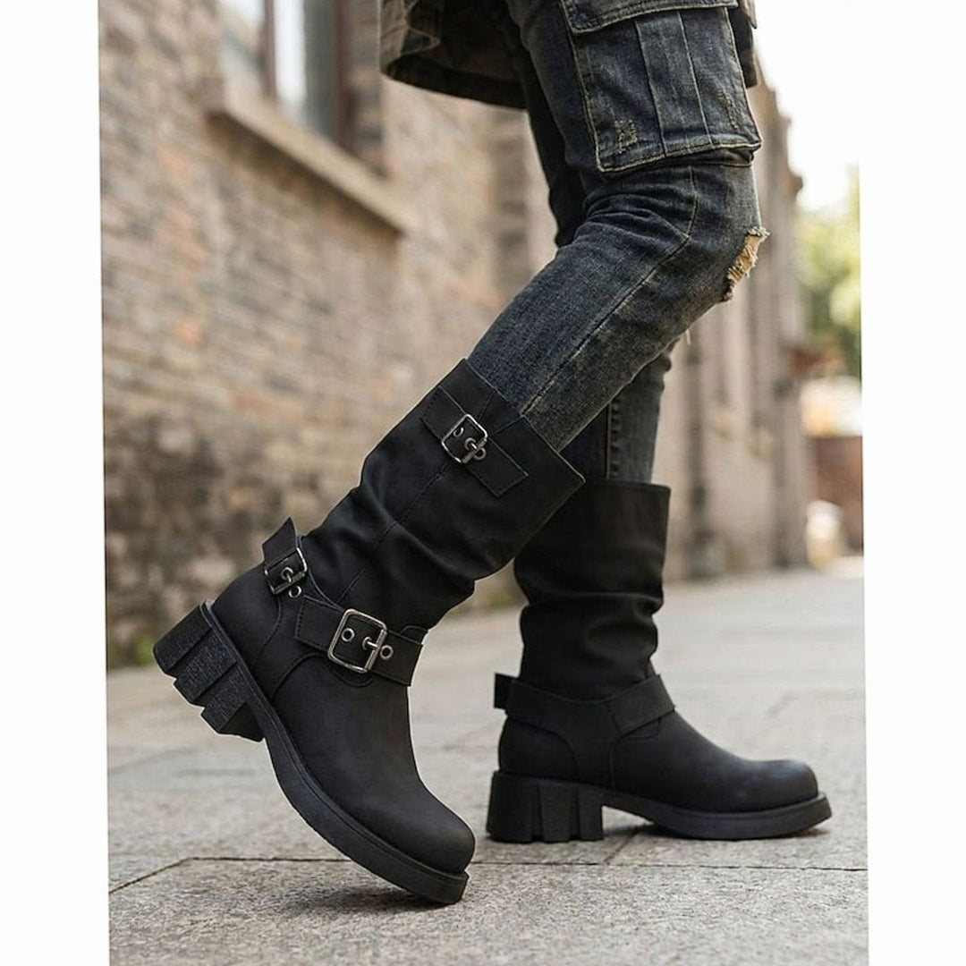 Women's Mid-Calf Buckle-Strap Slouch Biker Boots