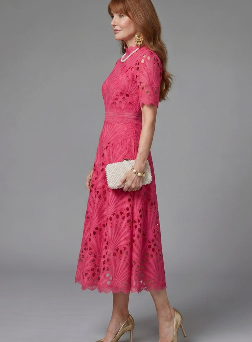 Women's Mock-Neck Short-Sleeve Eyelet Lace Midi Cocktail Dress