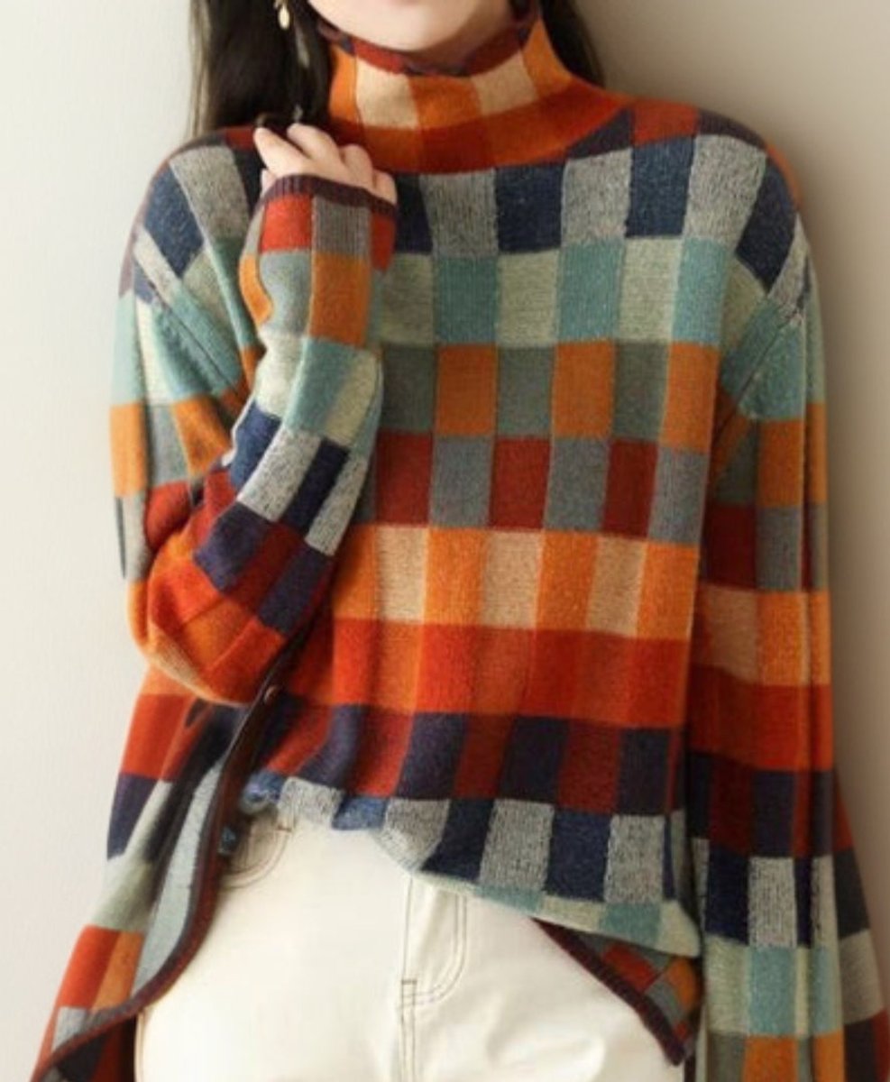 Women's Multicolour Checked Turtleneck Knit Sweater Jumper