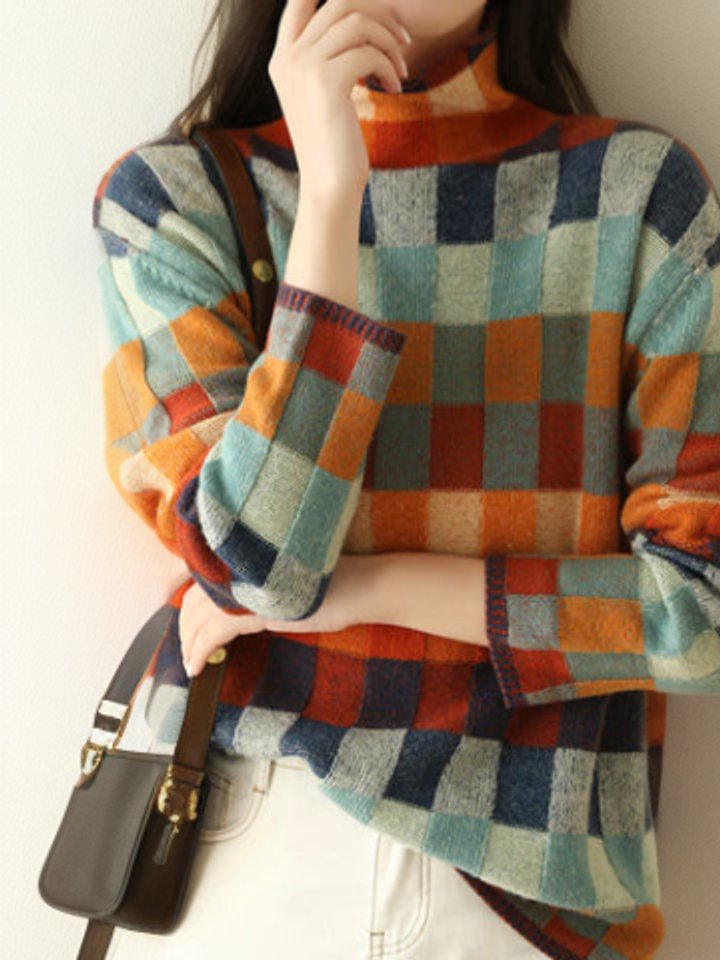 Women's Multicolour Checked Turtleneck Knit Sweater Jumper