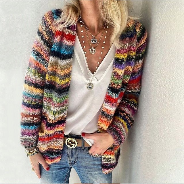 Women's Multicolour Striped Open-Front Knitted Cardigan - Red
