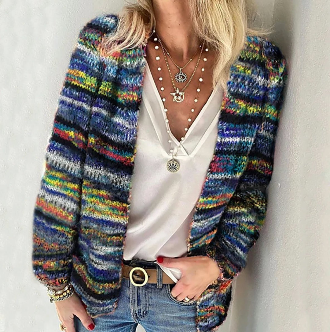 Women's Multicolour Striped Open-Front Knitted Cardigan - Blue