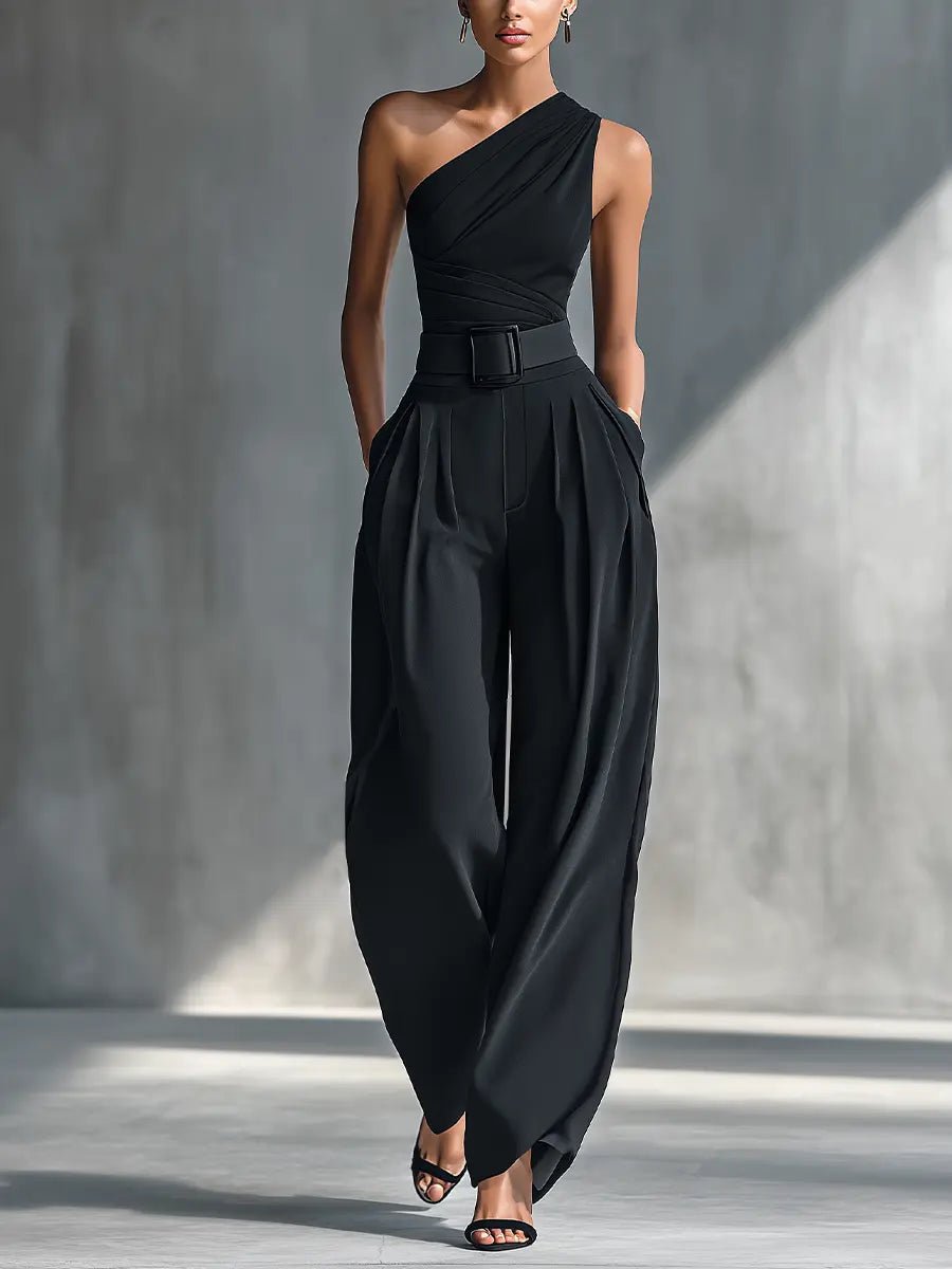 Calliope │ Women's One Shoulder Draped Top And Wide-Leg Trousers Two-Piece Set