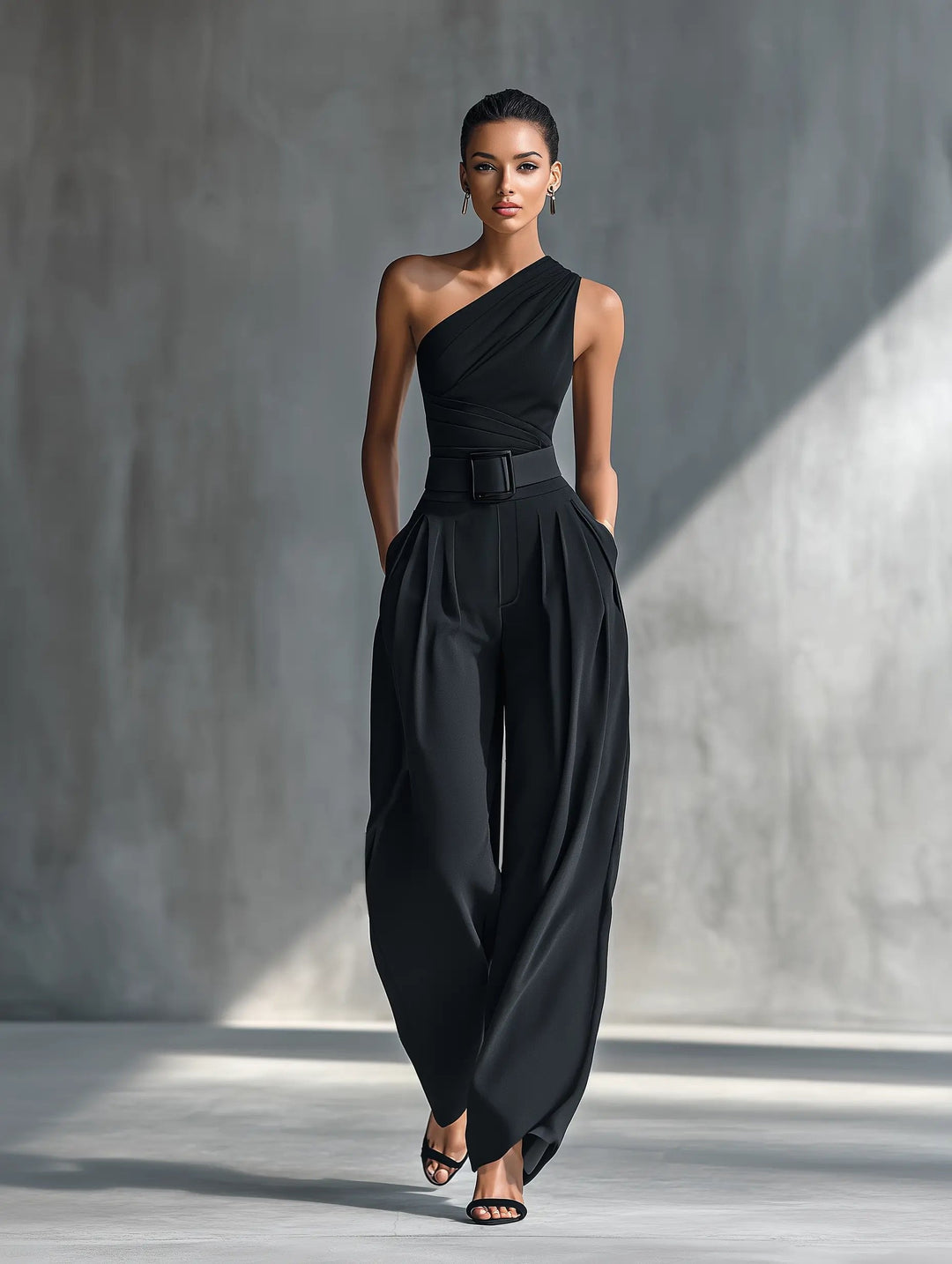 Calliope │ Women's One Shoulder Draped Top And Wide-Leg Trousers Two-Piece Set