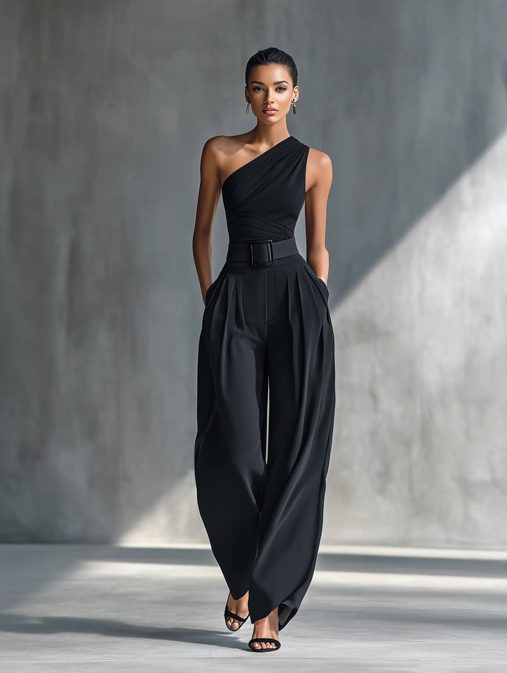 Calliope │ Women's One Shoulder Draped Top And Wide-Leg Trousers Two-Piece Set