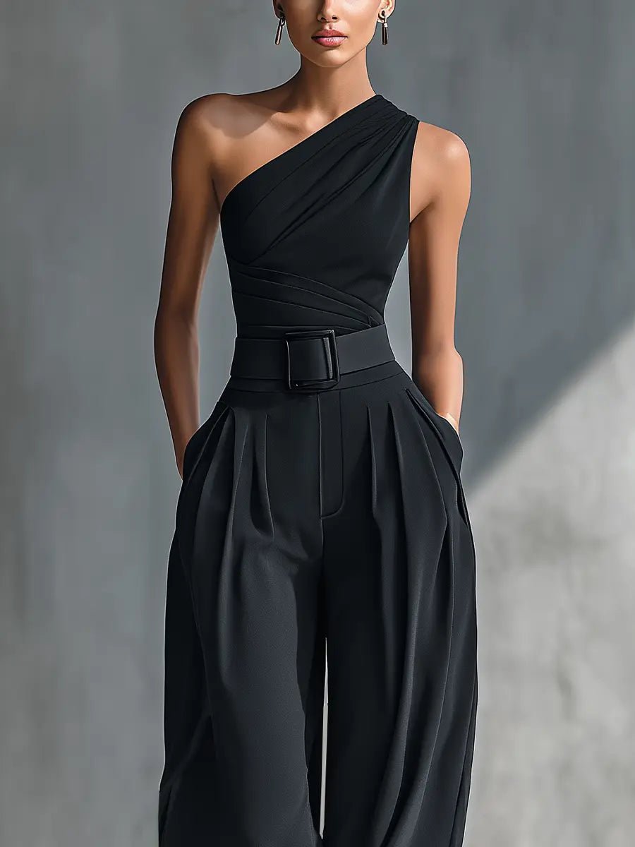 Calliope │ Women's One Shoulder Draped Top And Wide-Leg Trousers Two-Piece Set