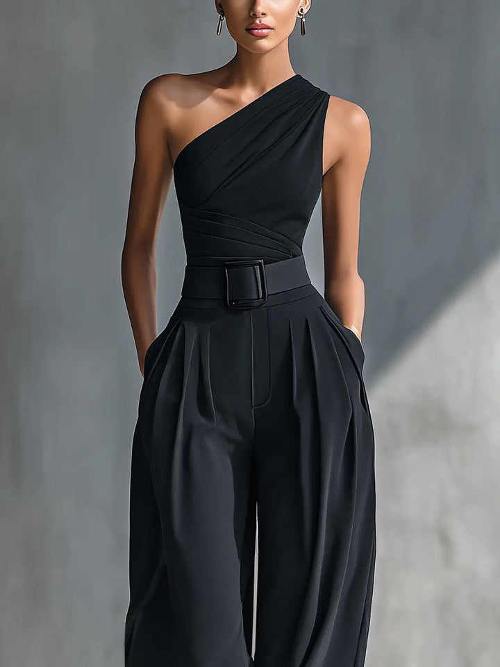 Calliope │ Women's One Shoulder Draped Top And Wide-Leg Trousers Two-Piece Set