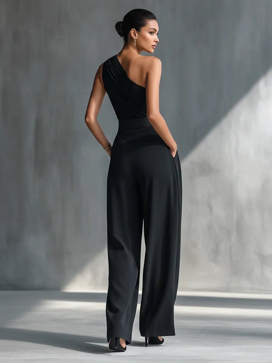 Calliope │ Women's One Shoulder Draped Top And Wide-Leg Trousers Two-Piece Set
