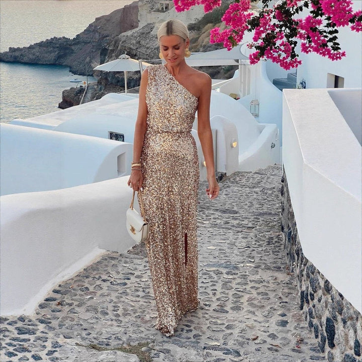 Women's One-Shoulder Sequin Cocktail Dress Maxi Side Slit