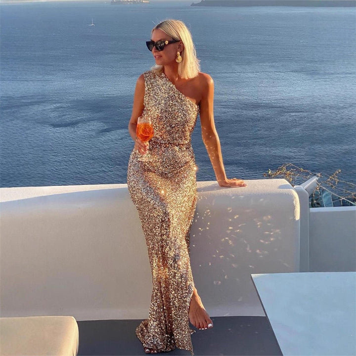 Women's One-Shoulder Sequin Cocktail Dress Maxi Side Slit