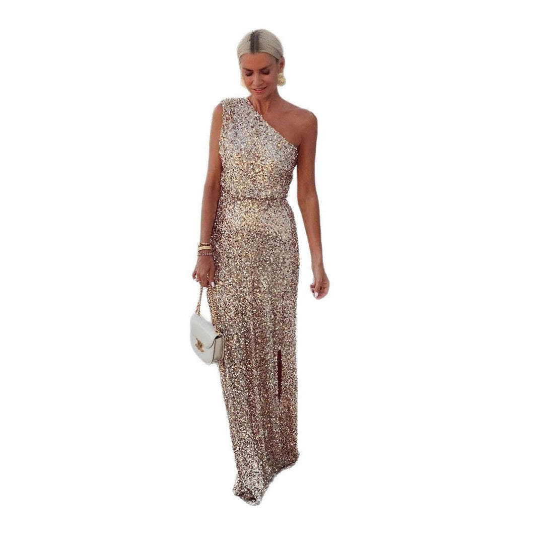 Women's One-Shoulder Sequin Cocktail Dress Maxi Side Slit