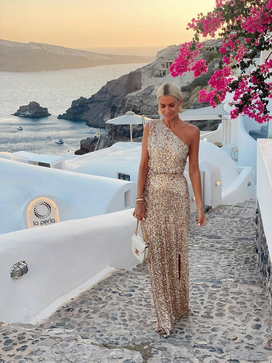Women's One-Shoulder Sequin Cocktail Dress Maxi Side Slit - Champagne