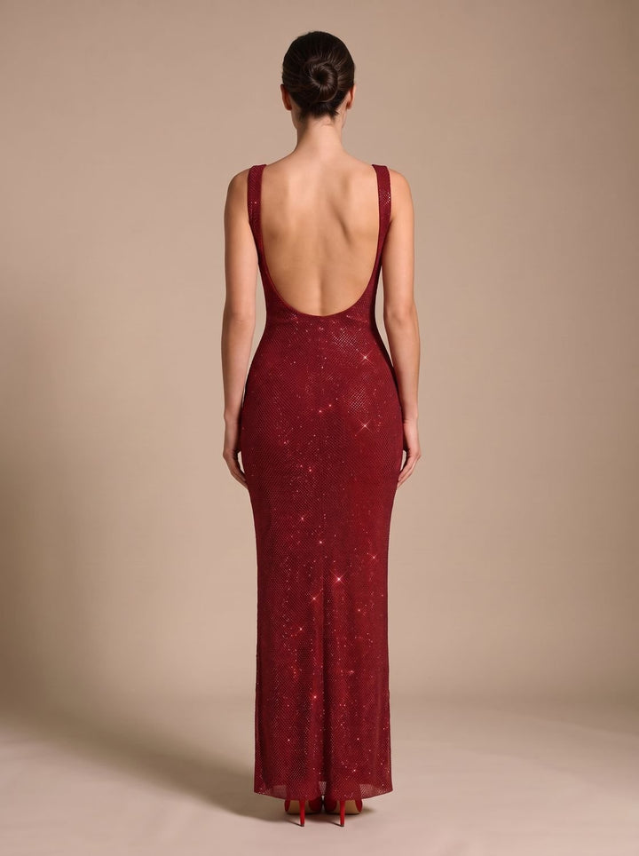 Women's Open-Back Sequin Maxi Dress Square Neck