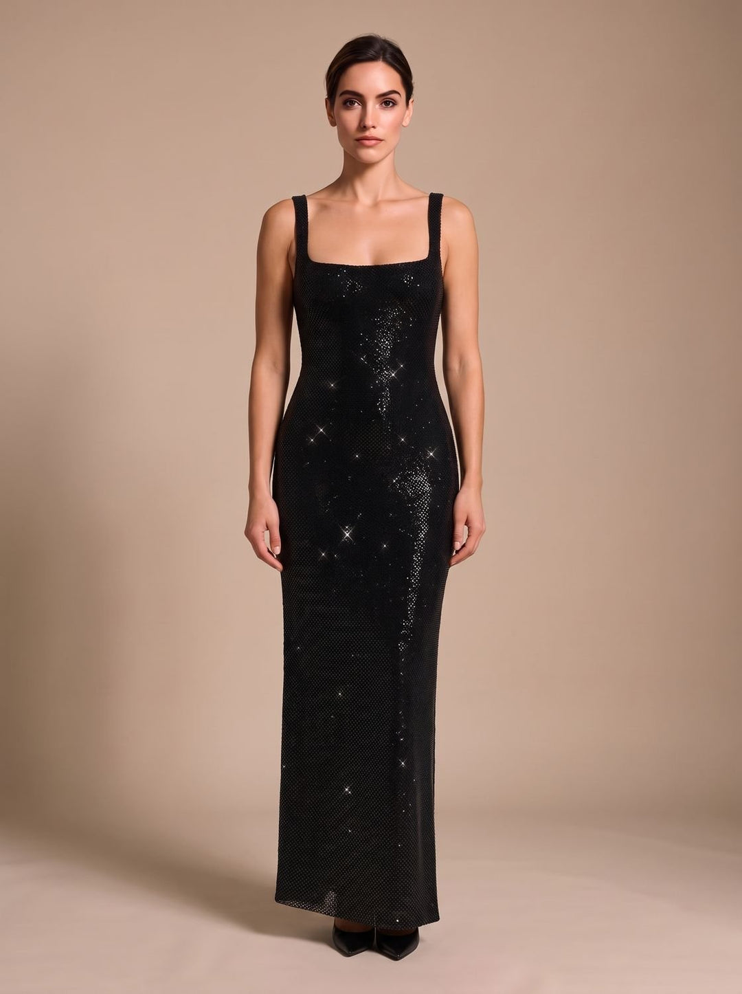 Women's Open-Back Sequin Maxi Dress Square Neck - Black
