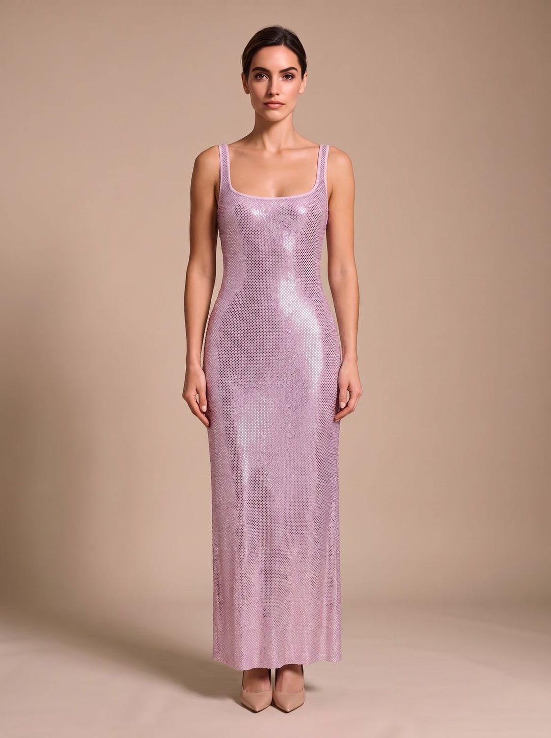 Women's Open-Back Sequin Maxi Dress Square Neck - Pink