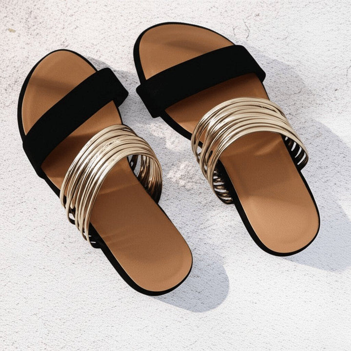 Winifred │ Women's Flat Slide Sandals With Double Strap And Gold-Tone Wire Detail