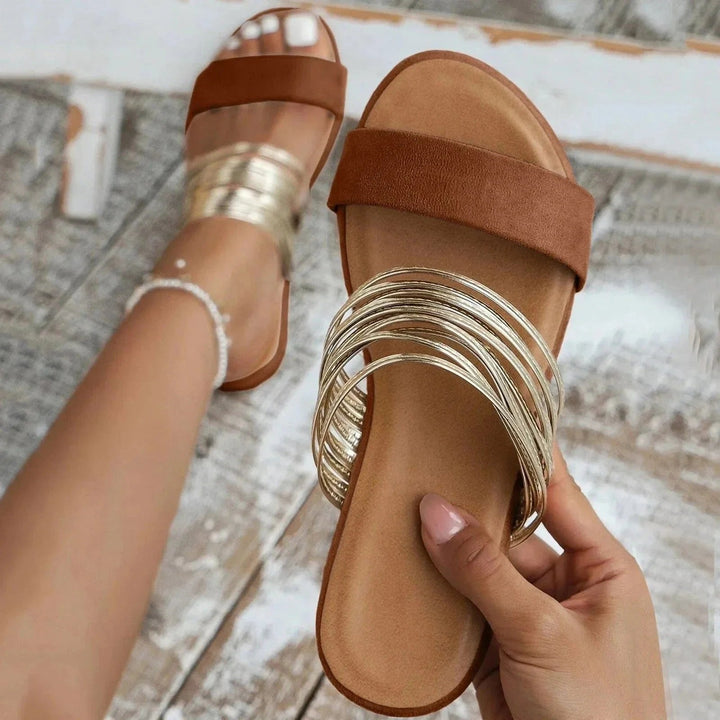 Winifred │ Women's Flat Slide Sandals With Double Strap And Gold-Tone Wire Detail