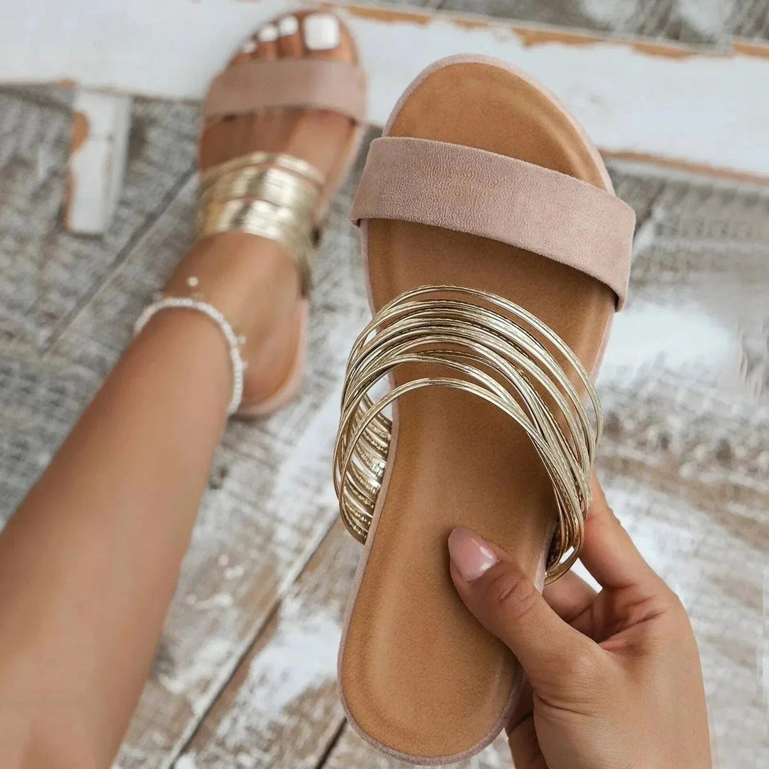 Winifred │ Women's Flat Slide Sandals With Double Strap And Gold-Tone Wire Detail