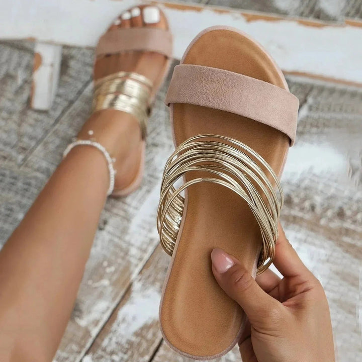 Winifred │ Women's Flat Slide Sandals With Double Strap And Gold-Tone Wire Detail