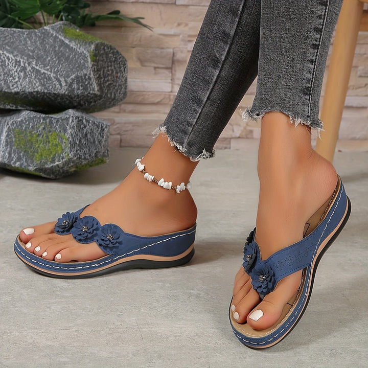 Arabella │ Women's Orthopaedic Toe Post Sandals With Floral Detail And Wedge Sole