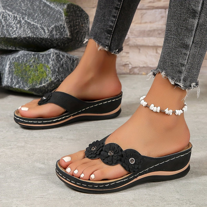 Arabella │ Women's Orthopaedic Toe Post Sandals With Floral Detail And Wedge Sole