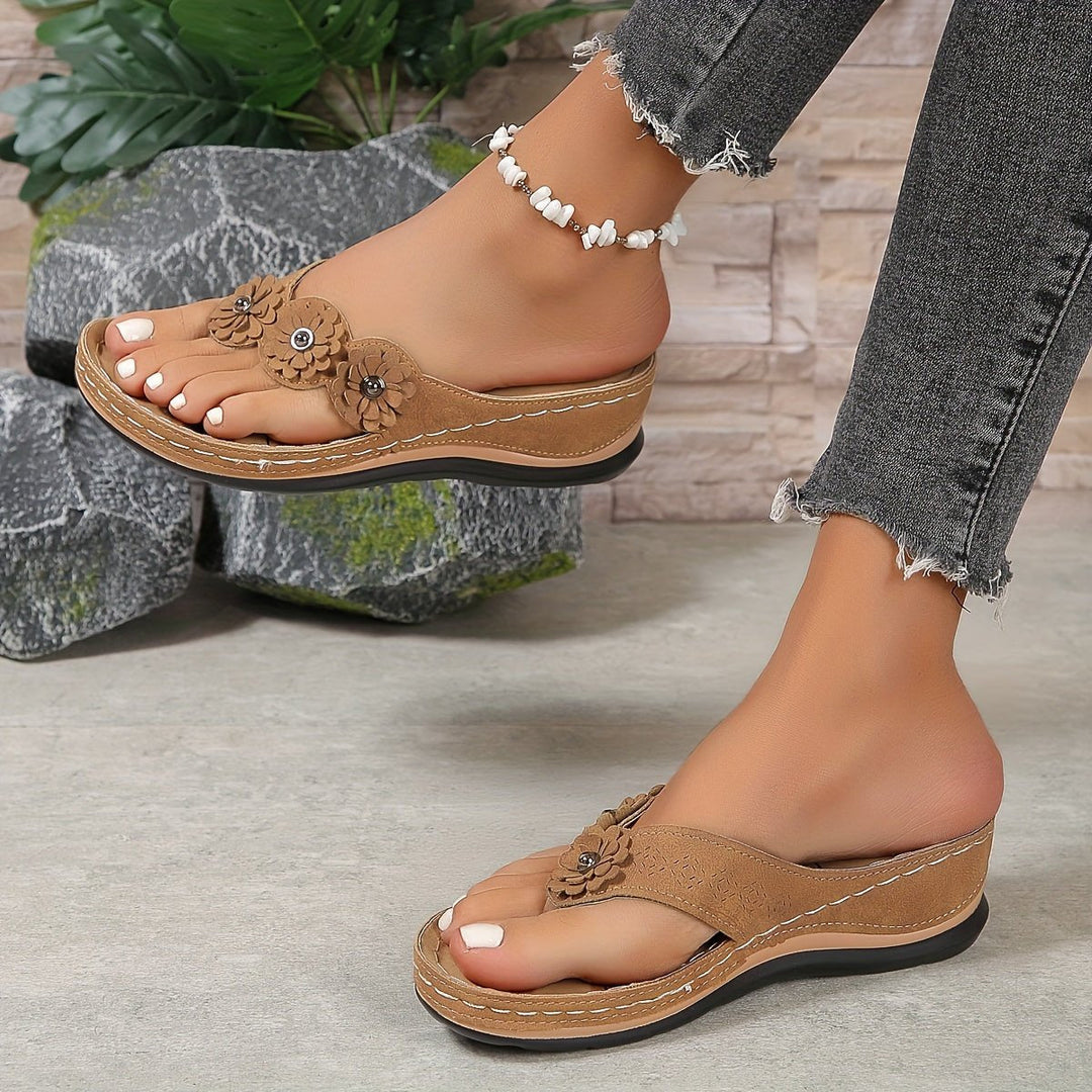 Arabella │ Women's Orthopaedic Toe Post Sandals With Floral Detail And Wedge Sole