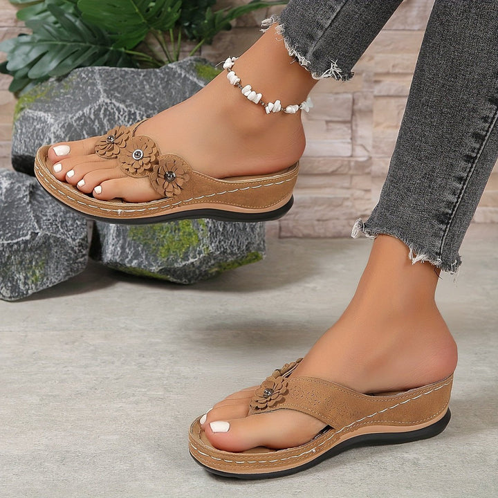 Arabella │ Women's Orthopaedic Toe Post Sandals With Floral Detail And Wedge Sole