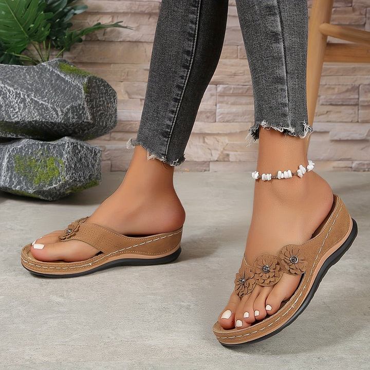 Arabella │ Women's Orthopaedic Toe Post Sandals With Floral Detail And Wedge Sole