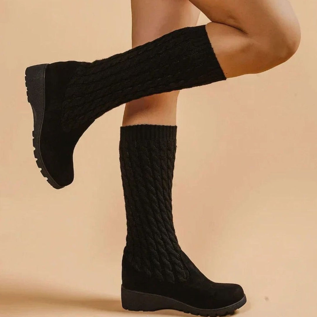Women's Orthopedic Wedge Knee-High Cable-Knit Suede Boots