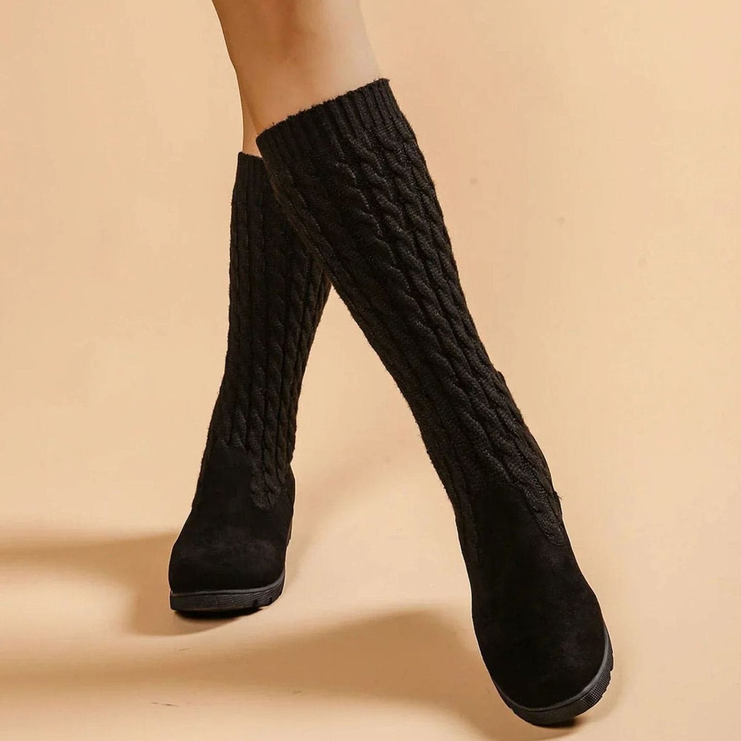 Women's Orthopedic Wedge Knee-High Cable-Knit Suede Boots - Black