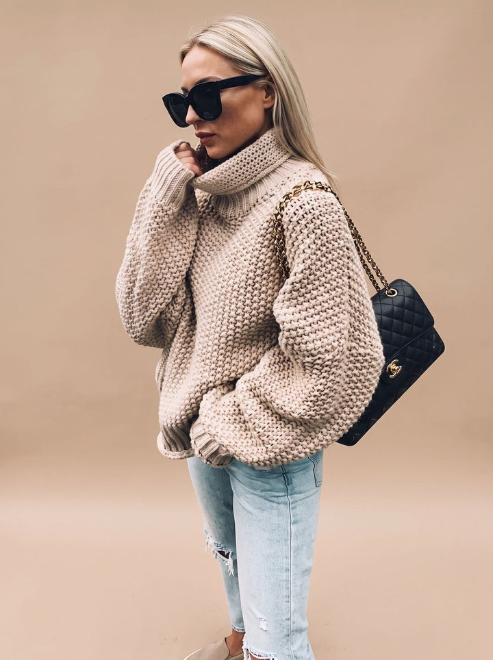 Women's Oversized Chunky Knit Turtleneck Jumper Balloon Sleeve - Khaki