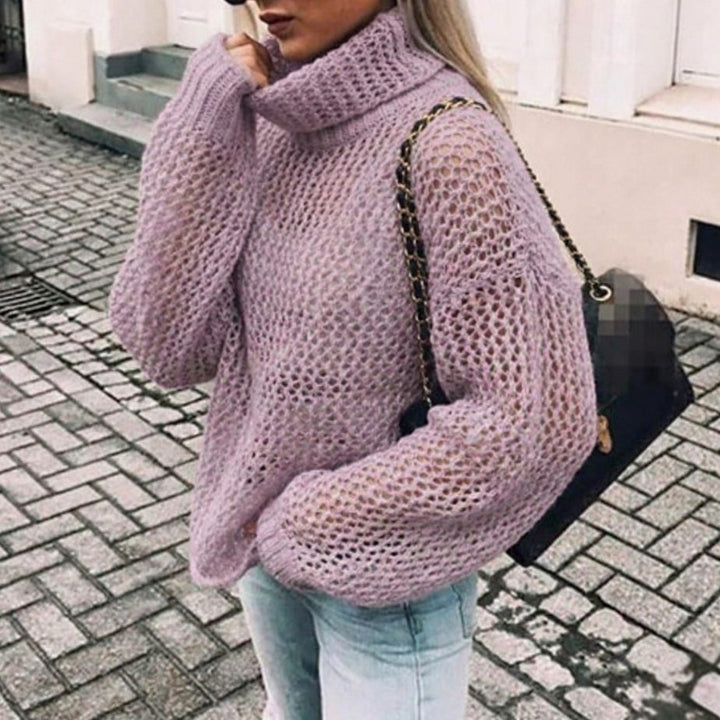 Women's Oversized Chunky Knit Turtleneck Jumper Balloon Sleeve - Purple
