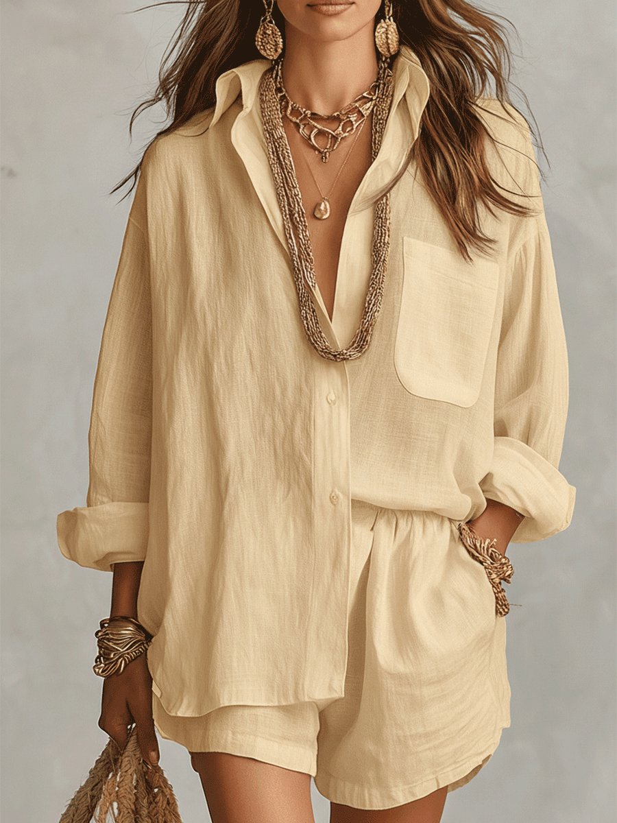 Florentina │ Women's Linen Oversized Shirt And Shorts Two-Piece Set