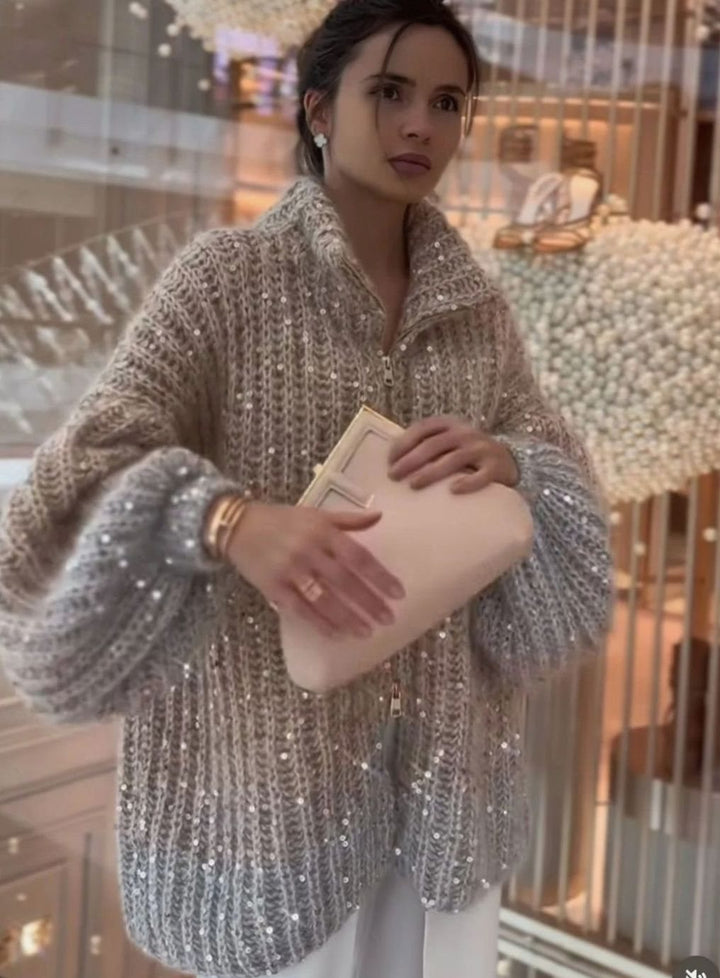 Women's Oversized Sequin Zip-Neck Chunky Knit Cardigan Sweater - Beige Gradient