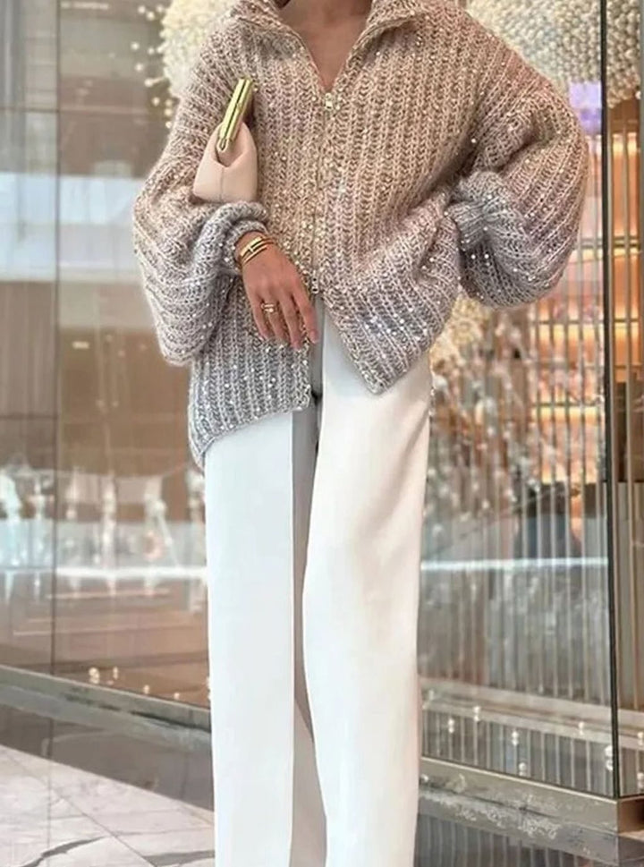 Women's Oversized Sequin Zip-Neck Chunky Knit Cardigan Sweater