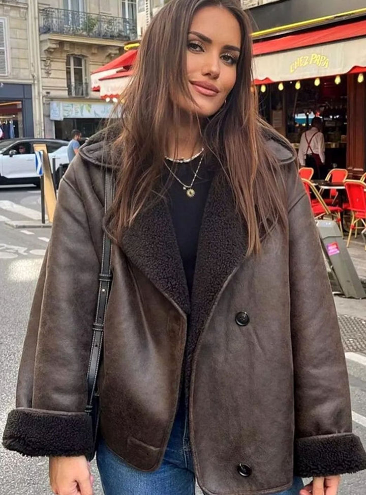 Women's Oversized Sherpa-Lined Double-Breasted Jacket - Brown