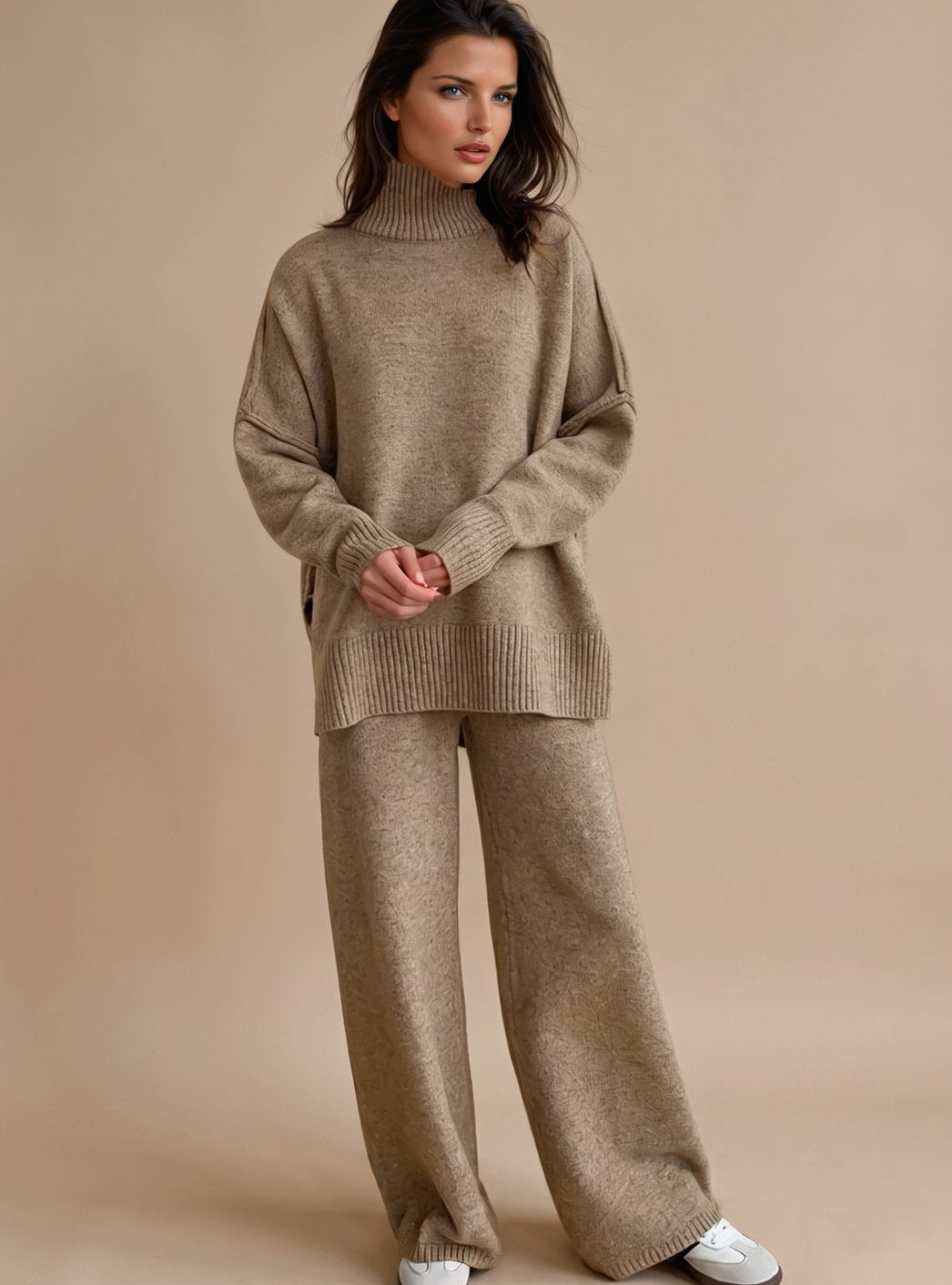 Women's Oversized Turtleneck Knit Wide-Leg Lounge Set - Beige