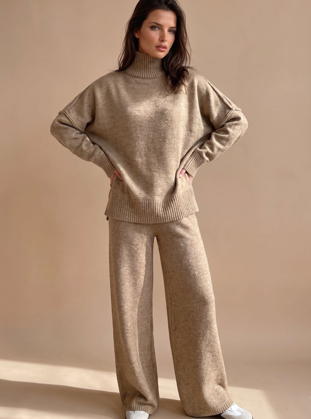 Women's Oversized Turtleneck Knit Wide-Leg Lounge Set