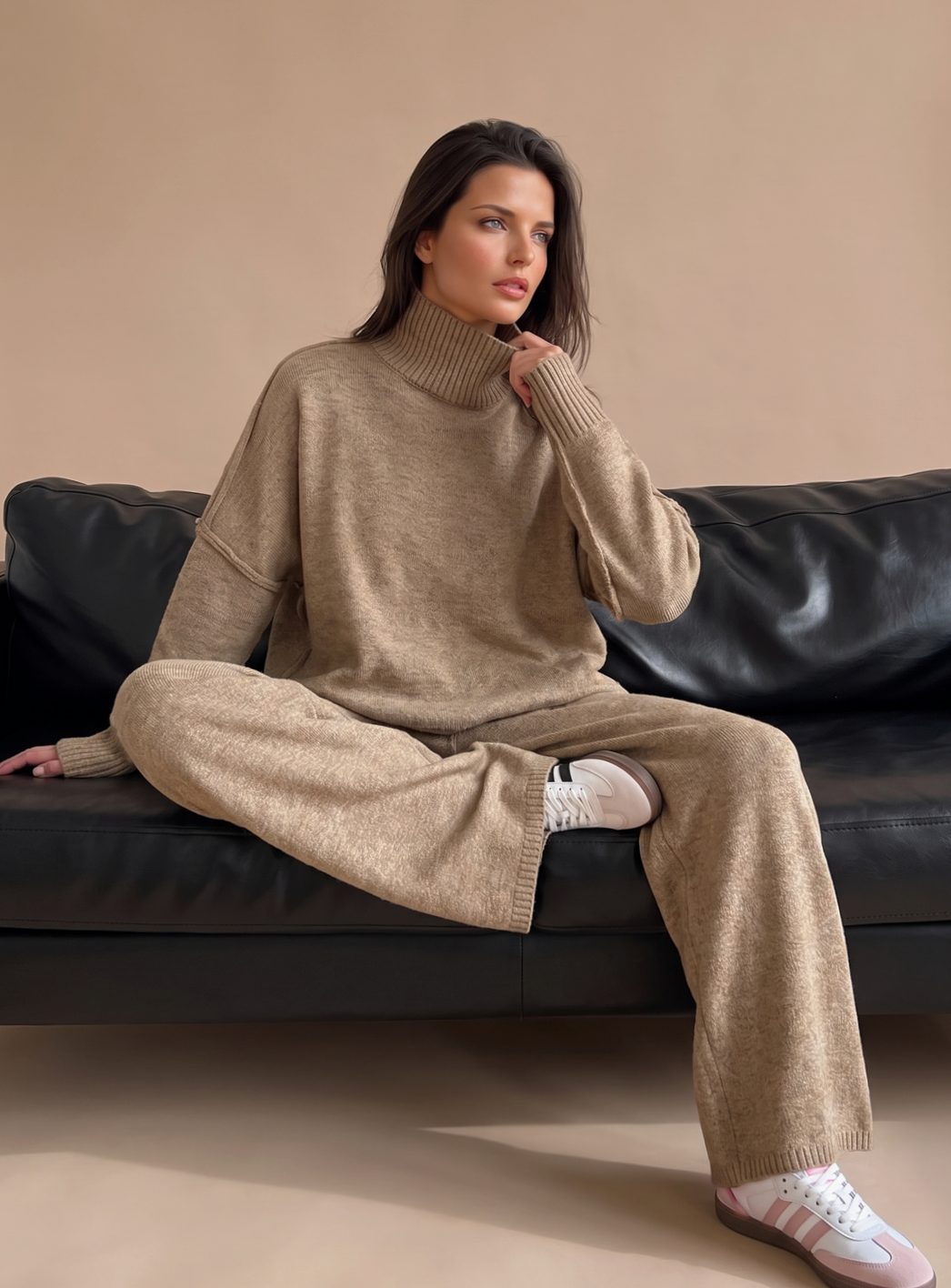 Women's Oversized Turtleneck Knit Wide-Leg Lounge Set