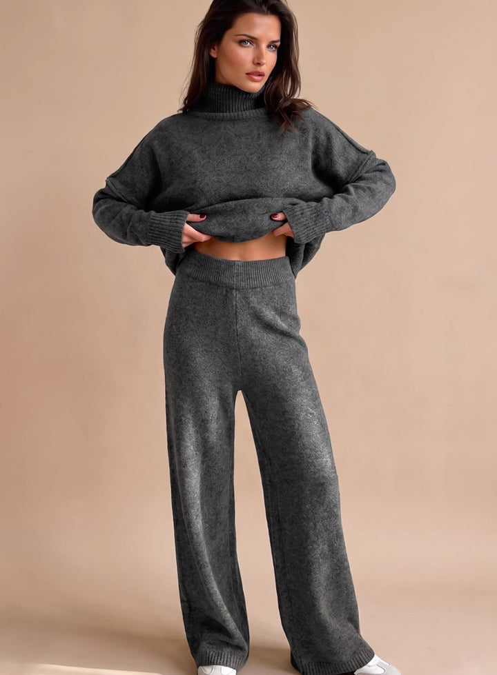 Women's Oversized Turtleneck Knit Wide-Leg Lounge Set - Grey