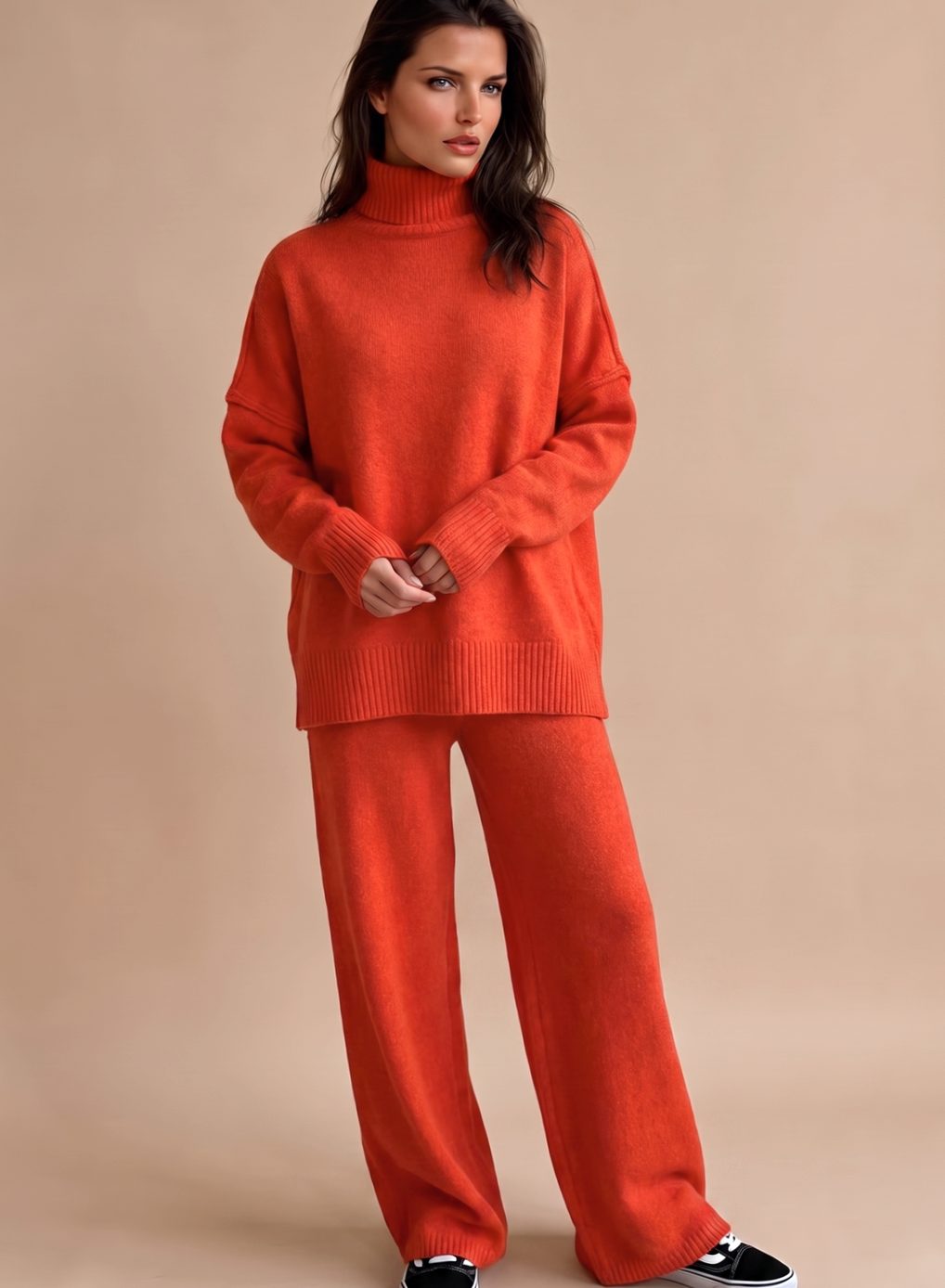 Women's Oversized Turtleneck Knit Wide-Leg Lounge Set - Red