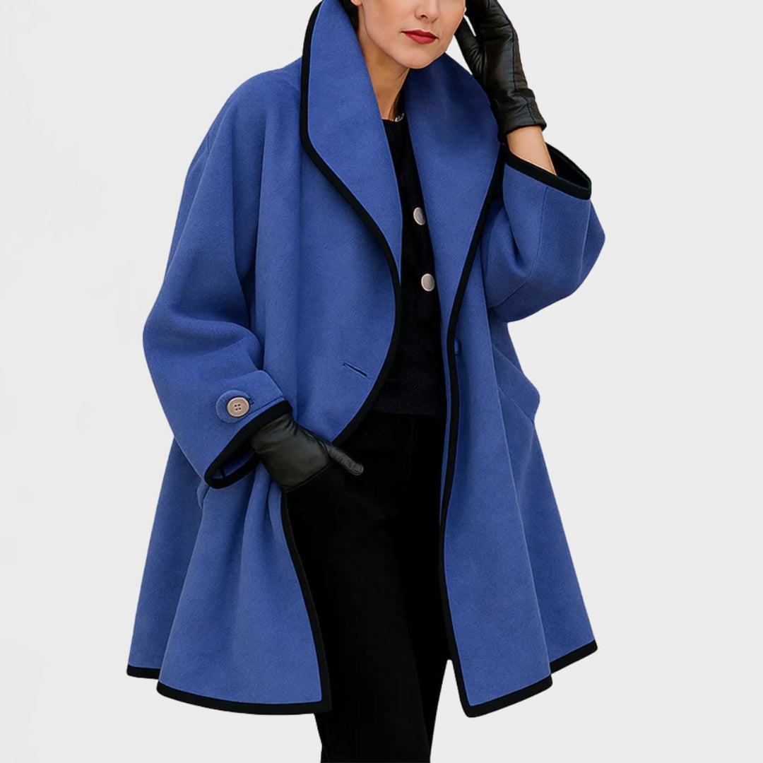Women's Oversized Wool-Blend Swing Coat Black Contrast Trim - Blue