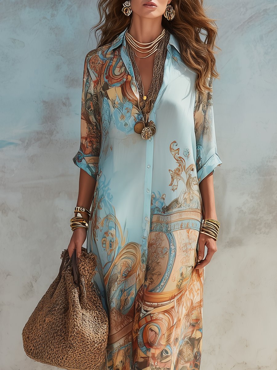 Women's Paisley Print Button-Through Maxi Shirt Dress