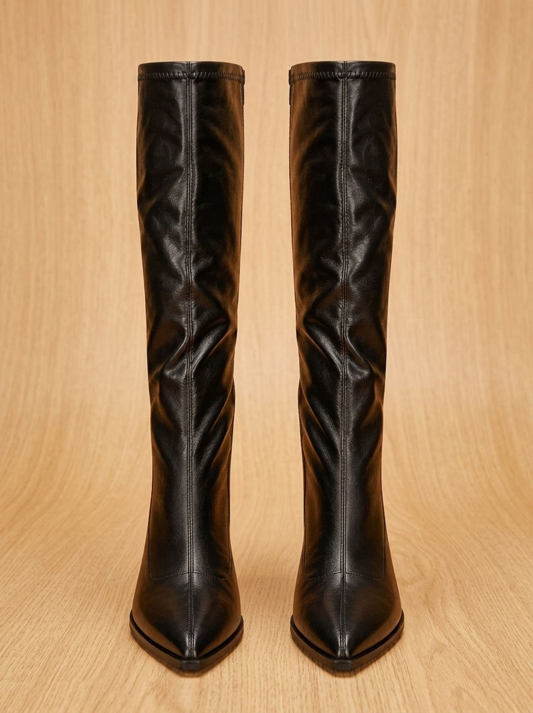 Women's Pointed-Toe Knee High Boots Chunky Block Heel, Black
