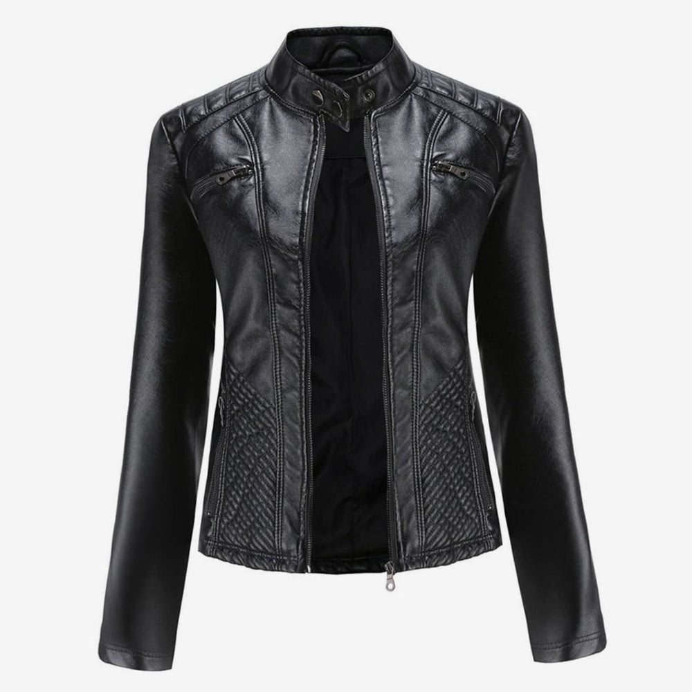 Women's Quilted Faux Leather Zip-Up Biker Jacket - Black