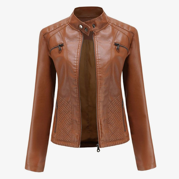 Women's Quilted Faux Leather Zip-Up Biker Jacket - Camel