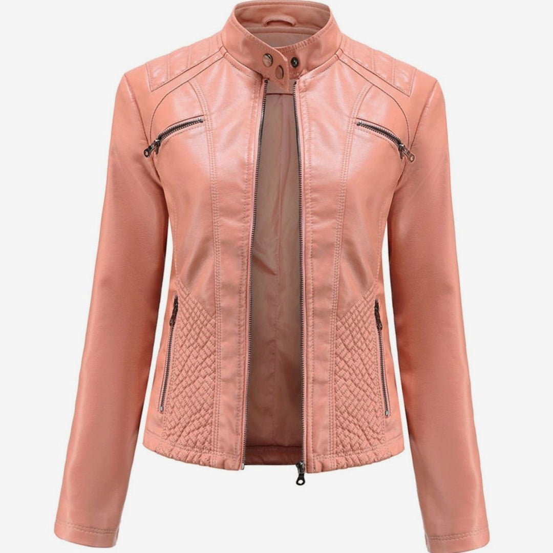 Women's Quilted Faux Leather Zip-Up Biker Jacket - Pink