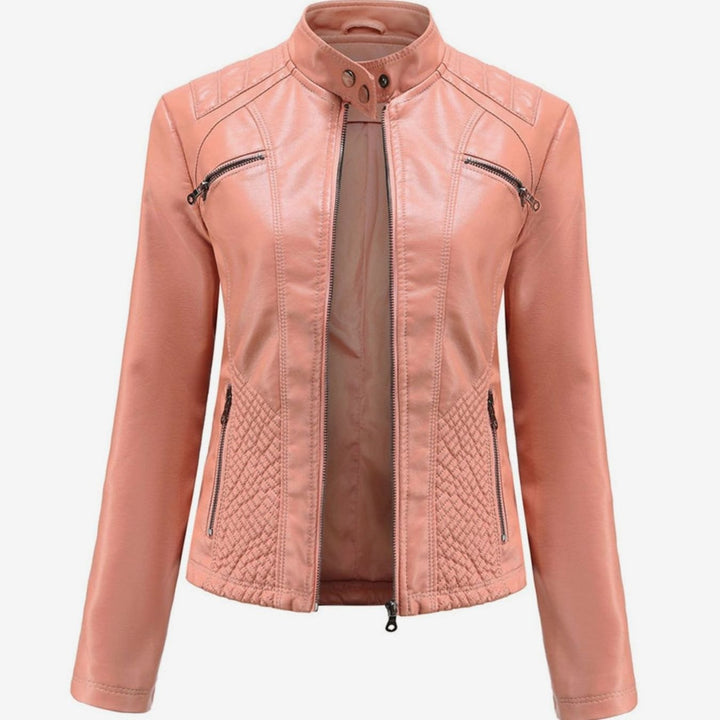 Women's Quilted Faux Leather Zip-Up Biker Jacket - Pink